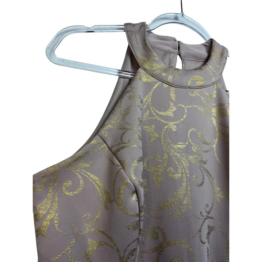 Enfocus Studio Mauve Gold Damask Halter High-Low Mermaid Gown Dress 10 - Picture 11 of 12
